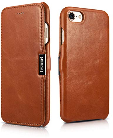 ICARER Hülle für iPhone SE 2022, 2020, 8, 7, Case mit Leder, Braun Vint. | Handyhülle mit echtem Leder, Schutzhülle, dünne Handy-Tasche, slim Cover, Klapphülle, Etui seitlich aufklappbar, 4,7 Zoll