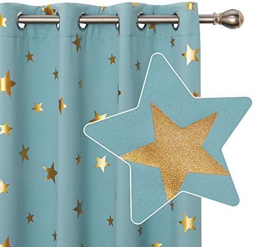 Deconovo Verdunkelungsgardinen Vorhänge Blickdicht Wohnzimmer Thermo mit Ösen Sterne, 229x117 cm(HöhexBreite), Himmelblau, 2er Set