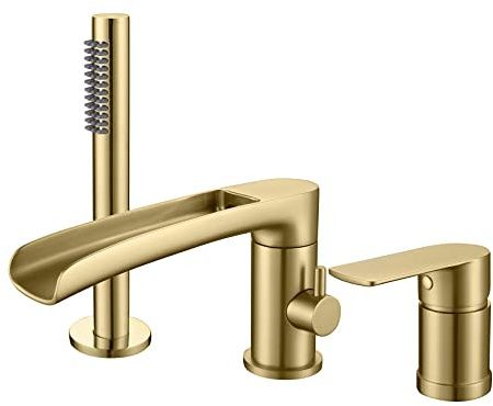 TapLong Waterfall Roman Tub Faucet with Hand Shower, Widespread Deck Mount Bathtub Faucet with Sprayer, Single-Handle 3-Holes Bathtub Shower Faucet Set in Brushed Gold, 03119BG