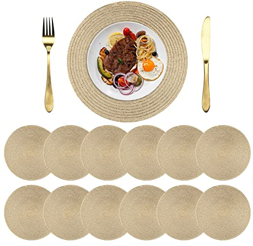 NAKIHOUSE Set di 12 tovagliette rotonde, lavabili, antiscivolo, resistenti al calore, antimacchia, dorate, per matrimoni, ristoranti, cucina