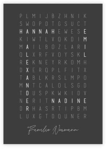 321GESCHENKE Personalisiertes Namensposter Familienname „Kreuzworträtsel, Wanddeko, Familie, WG, Namen, Einzugsgeschenk, Umzugsgeschenk, Geschenk zum Einzug (Anthrazit/Schwarz)