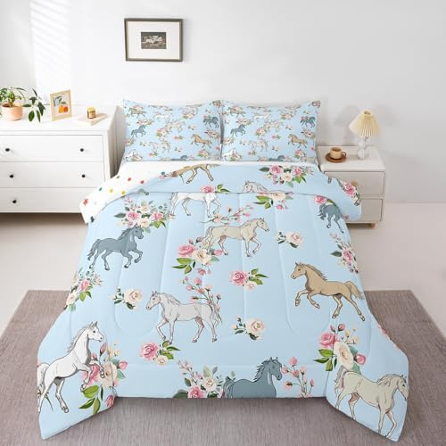 Erosebridal Horse Quilt Queen Size, Farmhouse Western Cowboy Cowgirls Duvet Insert for Kids Boys Girls Teens, Cartoon Kawaii Horse Bedding Set, Rustic Rose Floral Comforter Set + 2 Pillow Cases