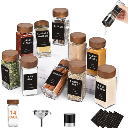 Yangbaga 14Pcs Glass Spice Jars with Labels-4oz Acacia Wood Lid Square Spice Containers with Pepper Grinder Lids &Funnel,Seasoning Jars for Rack Cabinet Drawer