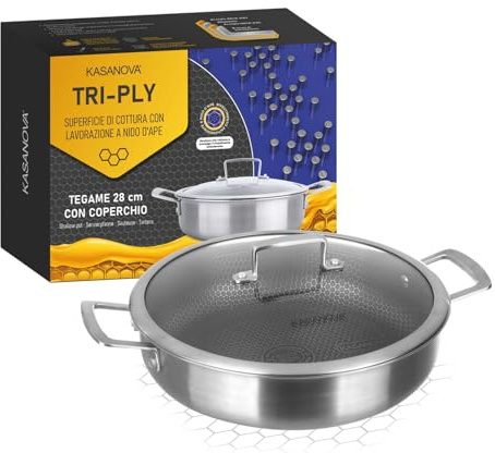 KASANOVA Tegame antiaderente con rivestimento nido d'ape 28 cm Tri-ply, con coperchio in vetro
