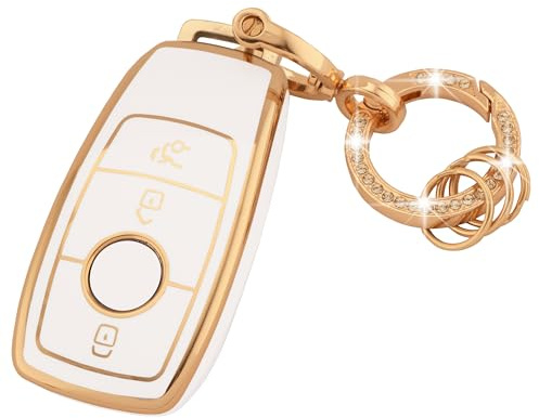 Autoschlüssel Hülle für Benz Zubehör 3 Tasten TPU Auto Schlüsselhülle | für Benz A B C E G S SL CLS-Klasse AMG Schlüssel Hülle TPU Schlüsselcover mit Bling Schlüsselbund Weißgold