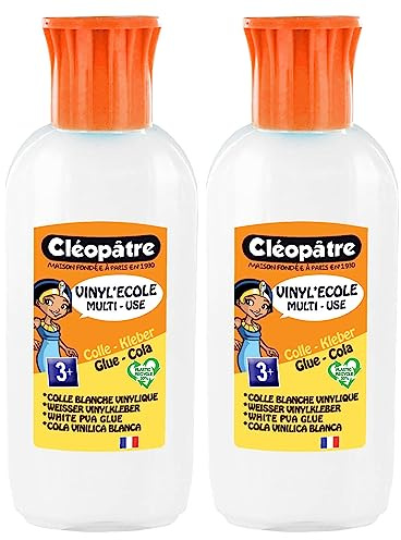 CLEOPATRE – Colle blanche vinylique au format de 100gr rechargeable – Lot de 2 flacons – Idéal pour l’école et le bricolage