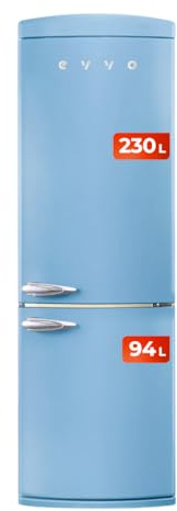 EVVO Frigorífico combi, Diseño Retro, No Frost, Capacidad Frigorífico 230L y Congelador 94L, Libre de Gas CFC, Refrigeración Turbo Fan, Crisper Zone, Control manual (F60 Retro Color Azul)