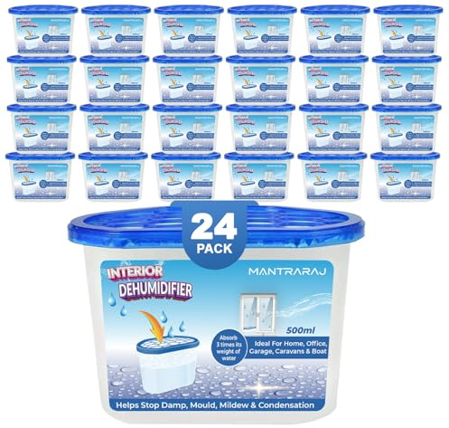 MantraRaj Pack of 24x 500ml Interior Dehumidifiers Disposable Helps Stop Damp, Mildew, Mould Condensation Moisture Absorber Remover in Home Kitchen Wardrobe Bedroom Office Garage Bathroom, Basement