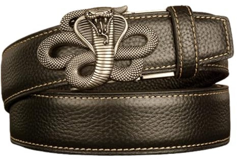 NALANY Herren Ledergürtel,Schwarz Leder Ratsche Automatik Gürtel Für Männer Automatikschließe Schiebeschnalle mit Schlange Dekor-Skulptur Breite 3.5cm Länge 115-130cm(125cm/49, Silver)