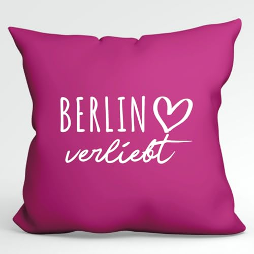 Huuraa Couchkissen Berlin verliebt Geschenk 40x40cm mit Füllung Fuchsia Baumwolle Berlin Souvenir