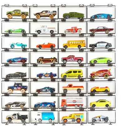 Saichotoy Display Case Compatible with Hot Wheels - Stackable Toy Car Storage, Transparent Organizer for Matchbox 1/64 Scale Diecast Cars (32 Packs, Dark Tint Case Only)