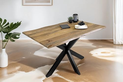 SAM Esstisch Tiger 140x80 cm Mangoholz Natur Vintage Spider schwarz | Baumkantentisch massiv, naturfarben, echte Baumkante, Metallgestell, Esszimmertisch