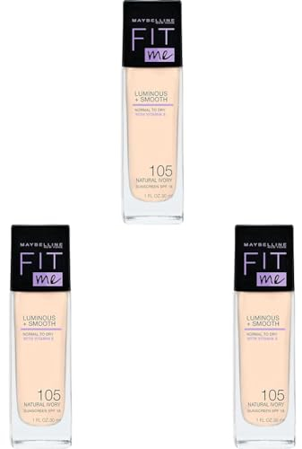 Maybelline New York Fit Me! Liquid Make-Up Nr. 105 Natural Ivory, flüssiges Make-Up, Foundation, die sich dem Hautton anpasst, natürliches Finish, leichter Glow (Packung mit 3)