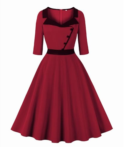 Wellwits Women's 3/4 Sleeves 1940s Vintage Work Dress | Collared Button,Office Lady,Formal,Stretchy Fabric