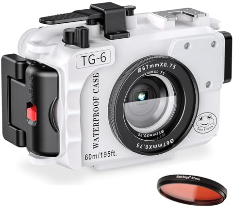 Sea frogs Underwater Camera Housing Compatible with Olympus TG-6 with Red Filter IPX8 60 m / 196 ft Maximum Diving Depth Waterproof Camera Housing for Diving, Surfing, Rowing (White)