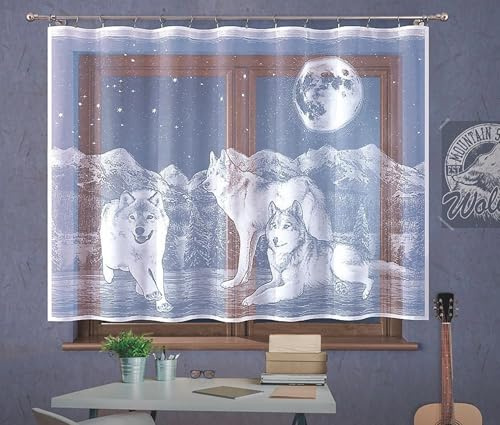 Gardinen Vorhangen Weiß 250x150 cm (BxH) Husky Muster Stores Gardinen Kurz Jacquard Scheibengardine Wohnzimmer Vorhänge Fertiggardine Kurzstores Kinderzimmer Tiere
