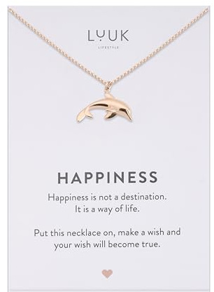 LUUK LIFESTYLE Collier femme avec pendentif dauphin carte HAPPINESS en acier inoxydable (50 cm), idée cadeau pour elle, anniversaire, porte bonheur, bijoux minimalistes, amitié, Or rose