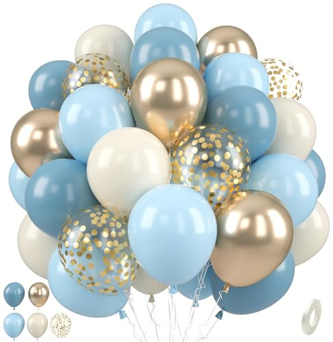 Paready Dusty Blue Balloons, 50 Pcs Light Blue Champagne Gold Balloons, Baby Shower Balloon, 12 Inch Sand White Retro Ice Mist Macaron Balloon for Birthday Bridal Shower Engagement Party Decorations