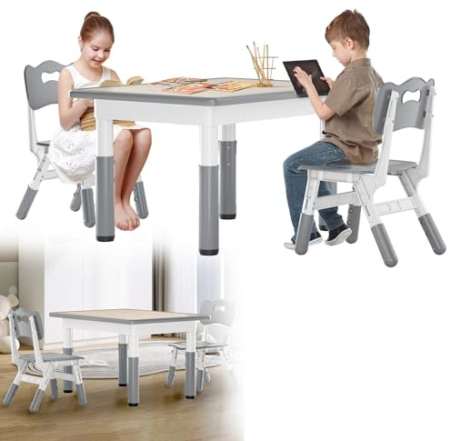 HENGMEI Barnbord, set med 2 stolar, plast, skrivbord, spelbord, barnrum, möbler, justerbar höjd, barnbord, stolset, sittgrupp inomhus för småbarn, flickor och pojkar, grå (80 x 60 cm)