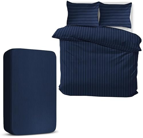 MOONLIGHT20015 Double Duvet Set 4 Piece Satin Stripe Duvet Cover Sets Soft Brushed Microfiber Bedding Sets with Fitted Sheet & 2 Pillow Cases (Navy, 200x200 cm)