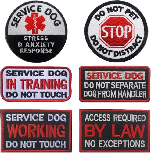 Service Dog Tags, Working for Her/Stress & Angst Response Harness Patch with Hook & Loop Backing for Training Weste & Gea (D, 6 Stück)