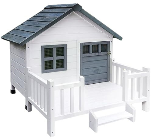 HJYryhyfddply Hundehütte aus Holz für Den Außenbereich mit Veranda, Erhöhter Hundeunterstand Im Hüttenstil mit Dach, Türen Und Fensterläden, für Mittelgroße und Große Hunde