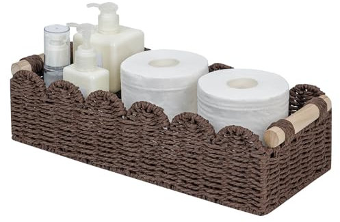 CubesLand Paper Rope Scalloped Edge Shelves Storage Basket, Woven Toilet Paper Baskets for Over Toilet Storage Shelf, Ending Table, Floating Shelves Organizing or Home Décor, with Wood Handle, Brown