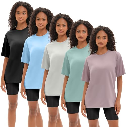 Kinglaman 5 Pack Workout Oversized T Shirts for Women, Short Sleeve Plus Size Baggy Dry Fit Athletic Gym Shirts Tops Tees 1 Black 1 Dark Pink 1 Blue 1 Ash Grey 1 Green Large