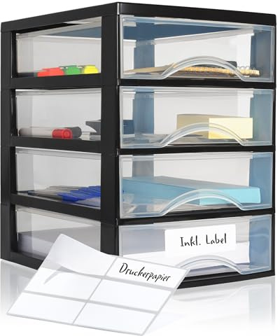 Hausfelder Schubladenbox A4, 4 Schubladen, Schwarz Transparent