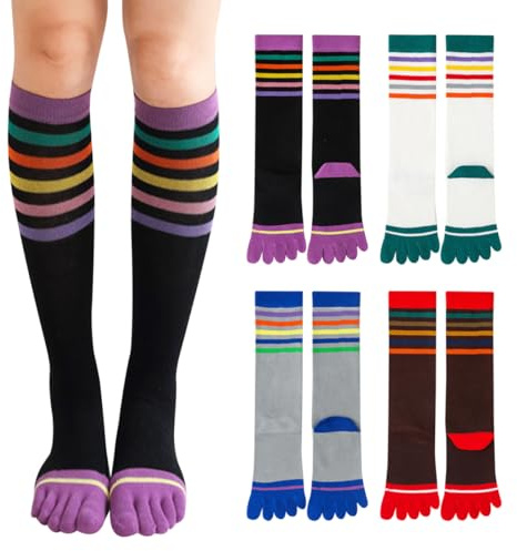 AOOPOO Chaussette à Doigts Femme Rayées Colorées Chaussette Orteils Séparés de Sport en Coton, Chaussettes Hautes Montantes Femme Chaussettes Genoux Longues avec Doigt de Pied Socquette, EU 35-40