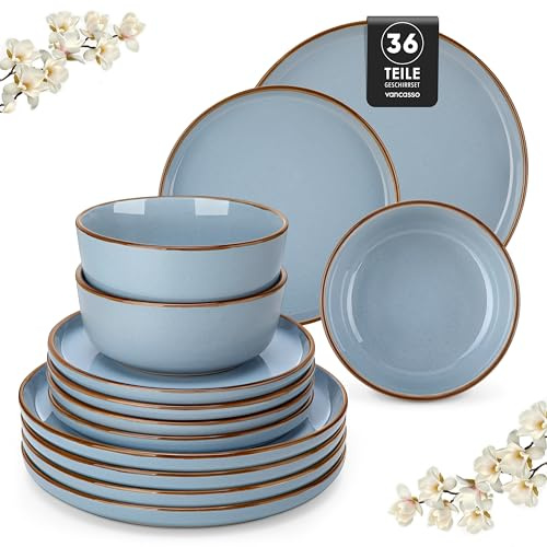 vancasso LOIRE Servizio Piatti 12 Persone, 36 Pezzi Set Piatti Moderni in Gres - 12 Piatti Piani, 12 Piatti Dessert e 12 Ciotole Cereali - Adatto per Lavastoviglie e Microonde - Blu