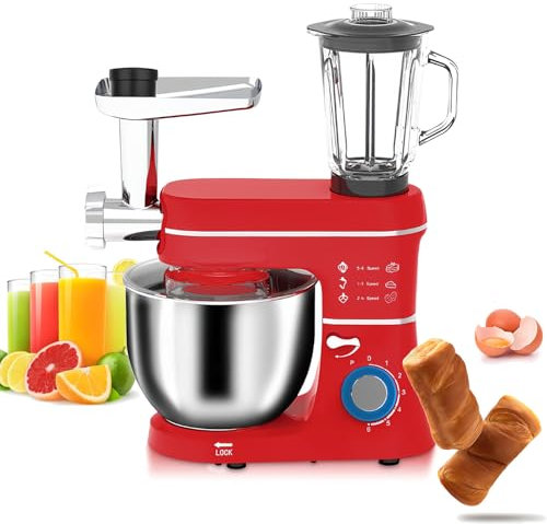 5-IN-1 Stand Mixer, 10L Food Mixer, 6+P Speeds Electric Mixer Kitchen Mixer with Dough Hook, Whisk, Beater, Meat Grinder, Blender, Splash Guard 9 Accessories for Most Home Cooks,Red