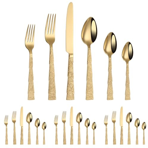 Embossed Stone Pattern Stainless Steel Knife Fork and Spoon Cutlery Set Handle Kitchen Silverware Tableware Flatware Steak Teaspoon (Gold,24 Pieces)