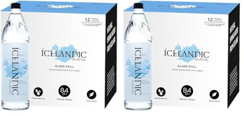 Icelandic Glacial Premium Still Water 12 x 750ml Glass Bottles – Alkaline/Low PH, Recycled Packaging, BPA Free, Carbon Neutral from Icelandic Spring. Low TDS and Mineral Content. (Pack of 2)