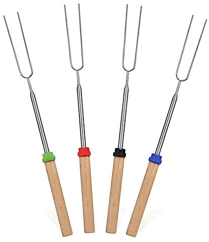 4 x ausziehbare Grillgabeln aus Edelstahl, Marshmallows, Bratstab mit Holzgriffen für Pit, Camping, Grillen