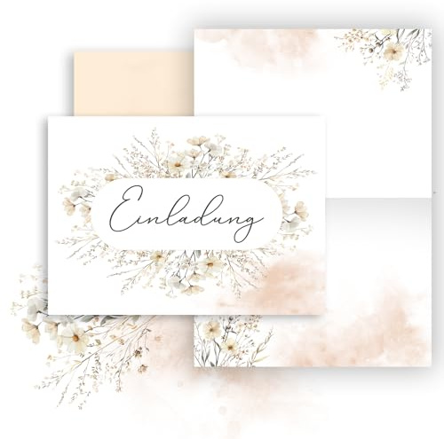 E&G Klasse 10x Einladungskarten Blumen mit Umschlägen Frau Erwachsene A6 Beige Klappkarten Einladungskarte Feier Hochzeit Geburtstag Jubiläum zum Beschriften