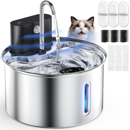Cityflee Cat Water Fountain Wireless Stainless Steel with Sensor 3.5L/118oz Battery Operated Rechargeable Automatic Water Dispenser Quiet Pump for Drinking Indoor, Easy Clean for Cats Dogs Pets