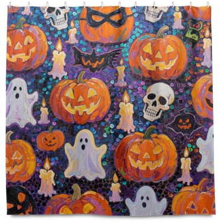 Amooorous Tenda da doccia con motivo di zucca con paillettes arancioni di Halloween con motivo decorativo idrorepellente con gancio in poliestere lavabile in lavatrice per la casa bagno cortinas para