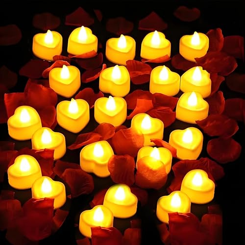 Begonia 24PCS Herz Form LED Teelichter Kerzen, 2000 Stücke Künstliche Gefälschte Rosenblätter, 24 Herzförmige Flammenlose LED Teelicht, Valentinstag LED Kerze für Hochzeiten, Heiratsantrag Deko