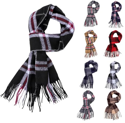 Fjquamitix – Écharpe tartan chaude classique d’hiver, écharpes à carreaux franges coupe-vent, écharpe en cachemire écossais pour un look unisexe décontracté et professionnel, Noir , taille unique