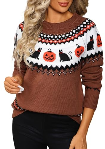 Pull Oversize Femme Halloween Pull Over Tricoté À Motif d'halloween Imprimé Col Rond À Manches Longues Sweater Tops Tunique Pas Cher Automne-Hiver Grande Taille Vetement Femme Basique
