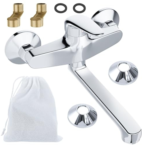 VOLTIX Rubinetto Lavello Cucina a Muro, Rubinetto da Muro Girevole a 360°, Rubinetto Cucina Monocomando per Acqua Calda e Fredda, Miscelatore da Parete per Lavello
