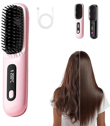 Heated Brush,2025 Heated Brush for Short Hair,USB Charging, 3 Heat Settings & LED Screen, for Travel and Frizz-Free Styling (Pink)