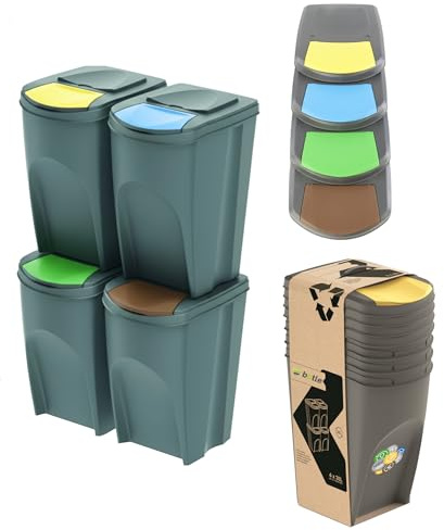 botle Juego de 4 cubos de basura con sistema de separación de residuos – Juego de 4 cubos de basura de 35 l en color gris para apilar, compacto, modular y ligero, fácil clasificación de los residuos