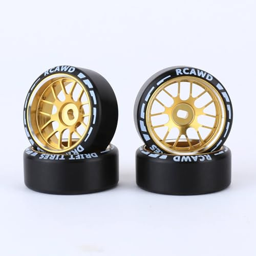 RCAWD 27mm Drift Wheel/Tire Set for 1/28 Mini-Z/Wltoys Yellow | 27mm Glue-Free Drift Tires with CNC Aluminum Rims, Fits Mini-Z/Wltoys, 4PCS, Yellow
