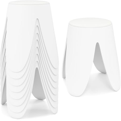 FANTASK Sitzhocker Set, stapelbare Hocker 8er Set rund mit Sitzkissen, tragbare Esszimmerhocker platzsparend, stabile Stapelstühle Ø39 x 46 cm für Klassenzimmer, Wohnzimmer, Esszimmer (Weiß)