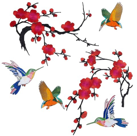 PH PandaHall 6 toppe ricamate termoadesive a forma di fiore, uccellino, fiori di prugna e colibrì, toppe ricamate in stile cinese, per vestiti da donna, jeans, giacche, vestiti, borse, fai da te
