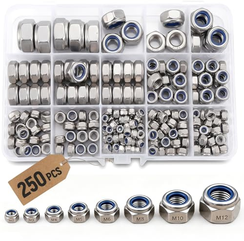 Forbabe 250pcs Sechskantmutter, DIN 985 Sicherungsmuttern Nylon Stopmuttern | A2-70 Muttern Edelstahl 304 Selbstsichernde Muttern Set mit Box 8 Größe Metrische Kontermuttern M2 M3 M4 M5 M6 M8 M10 M12