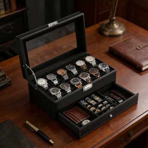 TOSUTO Caja de Relojes,Caja para de Relojes con Dos Capas,Estuche Relojero Organizador,con tapa de cristal, 1 Cajón,Caja para Relojes,para Relojes Anillos Pulseras Hombre Mujer Regalo