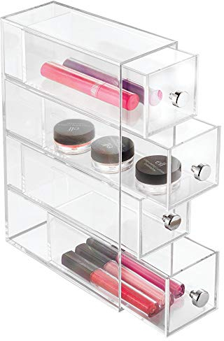 iDesign Make-Up Organizer mit 4 Schubladen, schmaler Schubladenturm aus Kunststoff, horizontal und vertikal einsetzbare Schubladenbox für Schminke, durchsichtig